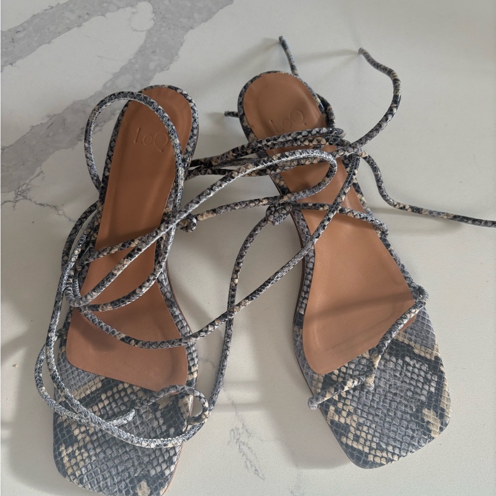 LOQ Snakeskin Lace-Up Sandals - Black and Tan